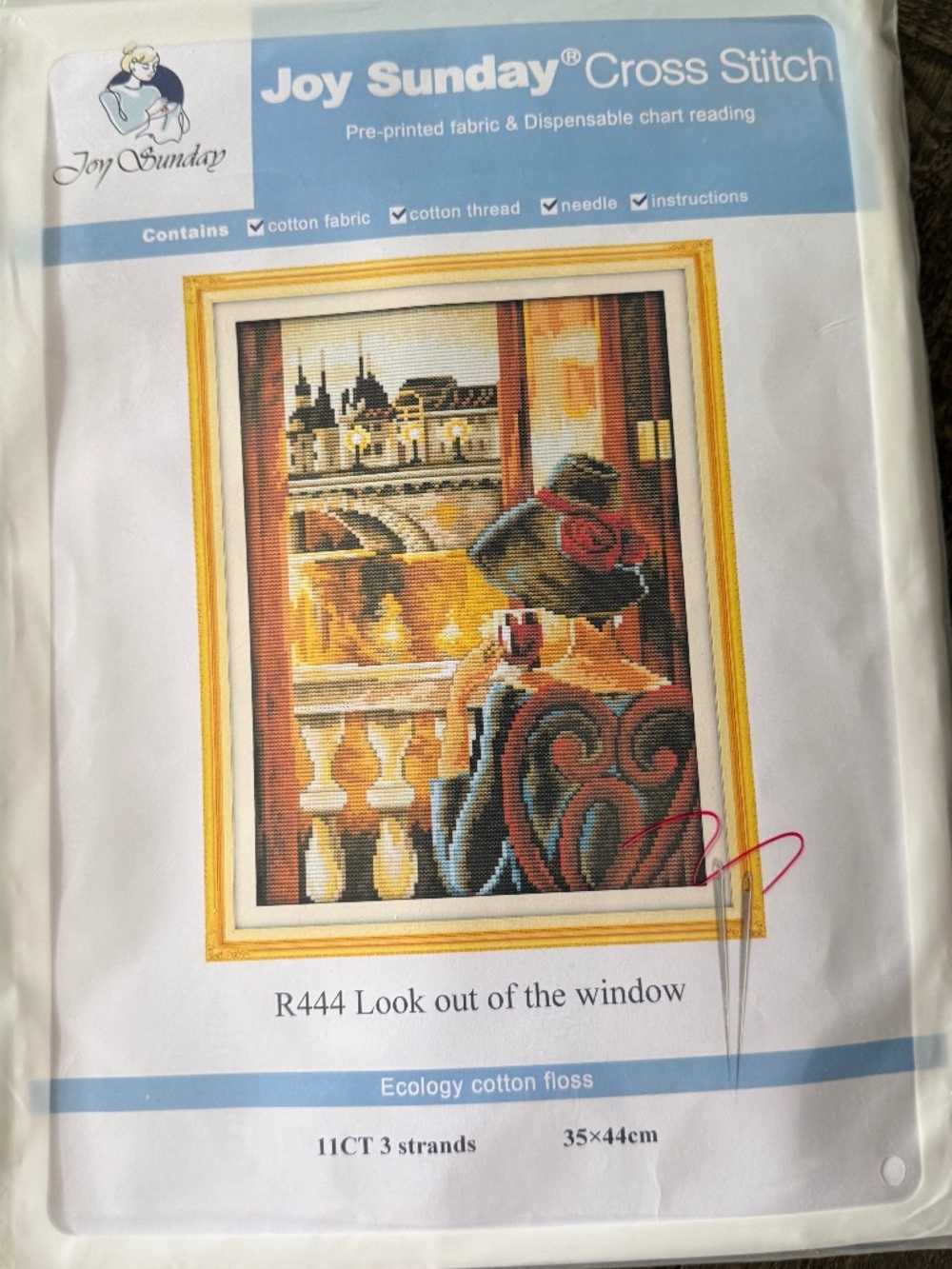 Look Out the Window Pre-Printed Joy Sunday Cross Stitch Kit 11ct Aida - NEW